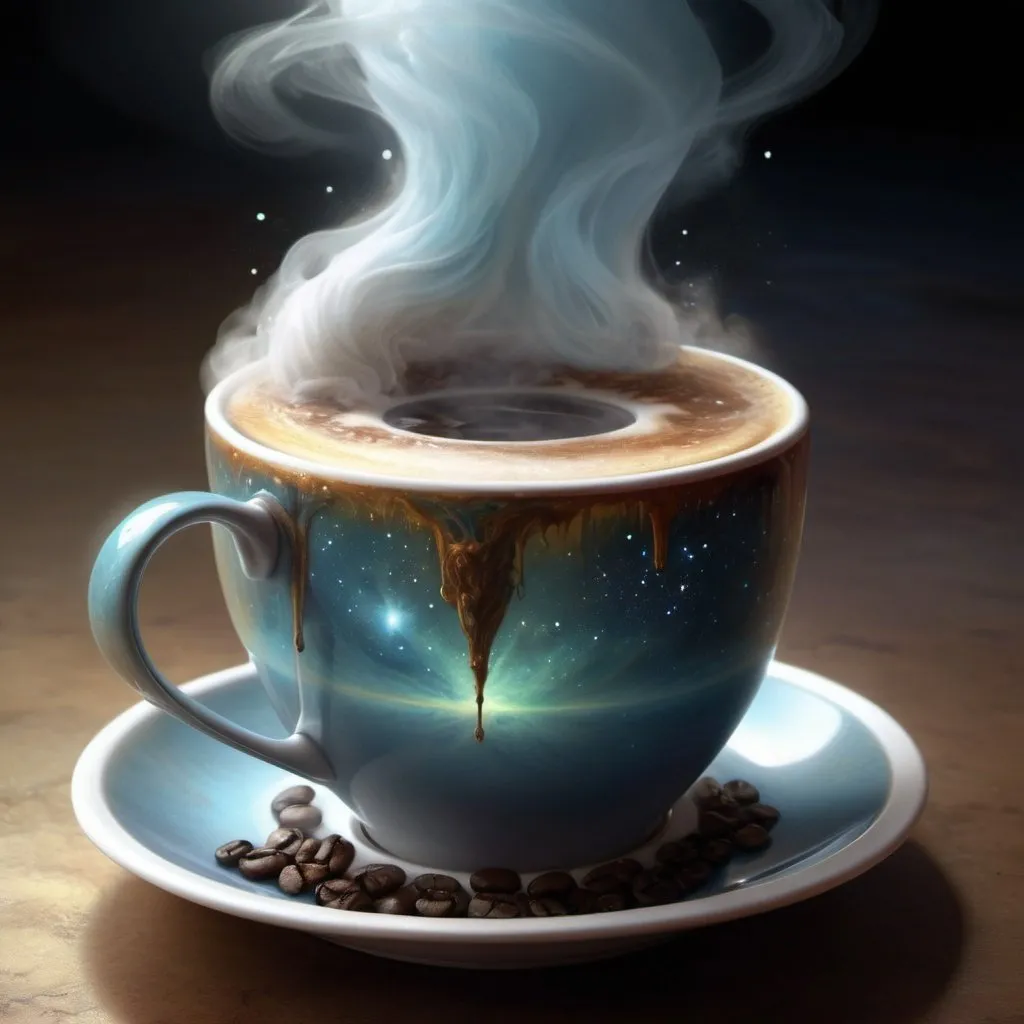 Prompt: A coffee cup full and from its steam galaxies are forming, detailed scene, digital painting, hyperrealistic, fantasy, Surrealist, by Ciro Marchetti and Brian Froud, artstation, highly detailed, sharp focus, wide angle shot, sci-fi, stunningly beautiful, utopian, soft bright colours, cinematic lighting, dark