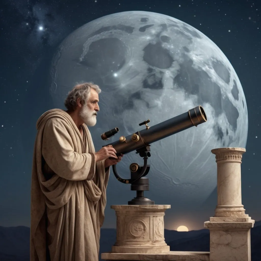 Prompt: Ancient Greek astronomer, atop a marble observatory, stargazing through a primitive telescope, moonlit night, star-filled sky, flowing robes, detailed star charts, ancient architecture, soft ambient lighting, thoughtful expression, realistic textures of aged marble and parchment, high-resolution, celestial exploration theme, historical accuracy, 4k --ar 3:4 --s 150