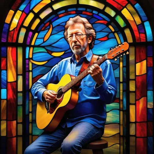 Prompt: Colorful music themed window with Eric Clapton playing guitar, vibrant background, stained glass window, high quality, vibrant, guitar, iconic, colorful, musical notes, energetic, stained glass, detailed portrait, artistic, vibrant colors, artistic style, professional lighting
