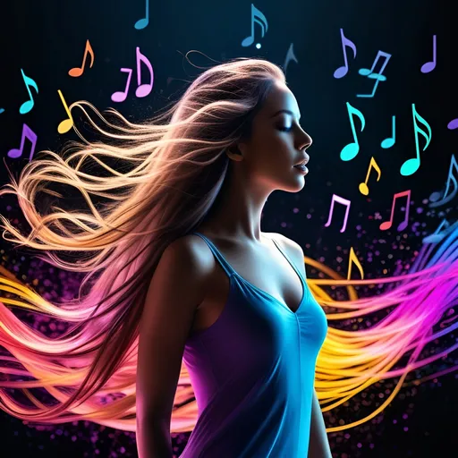 Prompt: 3D render of a woman with long flowing hair made of cascading musical notes, each note releasing a burst of vibrant color. Around her, ethereal particles of neon hues move, capturing the essence of a musical symphony in a visual spectacle.