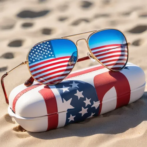 Prompt: Aviator sunglasses merged with American flag, vibrant beach scene, patriotic and cool, modern design, high quality, patriotic, beach fun, stylish, vibrant colors, detailed reflections, summer atmosphere, holiday vibes, American flag pattern, modern art style, sunny and bright lighting