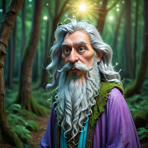 Prompt: Ethereal wizard in a mystical forest, soft focus, high quality, ethereal, fantasy, magical, detailed robe, mystical atmosphere, flowing beard, enchanting, surreal lighting