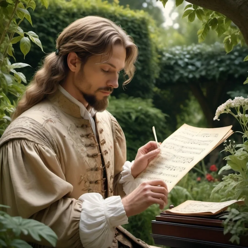 Prompt: Renaissance musician in a lush, detailed garden, examining a sheet of music, period attire with intricate embroidery, aged parchment in hand, soft natural lighting filtering through the leaves, realistic textures of various plants and herbs, high detail, serene expression, historical accuracy, 4k --ar 4:5 --s 120