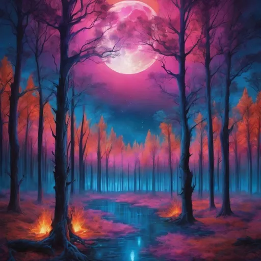 Prompt: Fantasy science fiction forest engulfed in blue, pink, and orange flames, towering trees illuminated by the huge full moon, night scene, high quality, surrealistic, vibrant colors, ethereal lighting, magical atmosphere