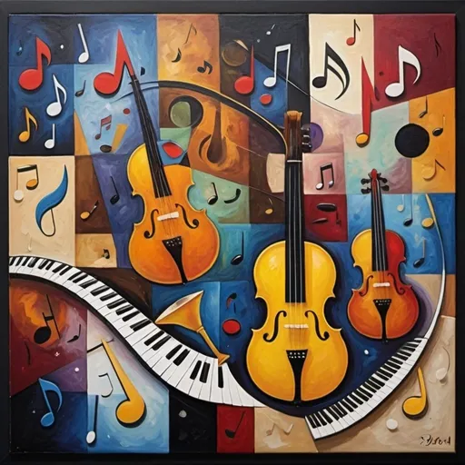 Prompt: Abstract painting of the musical universe broken up into different dimensions different pictures like a Picasso painting cubic so every differen dimension has different pictures like of instruments or sheet music with musical notes or different shapes and colors but hidden messages in the painting. Abstract and textured 