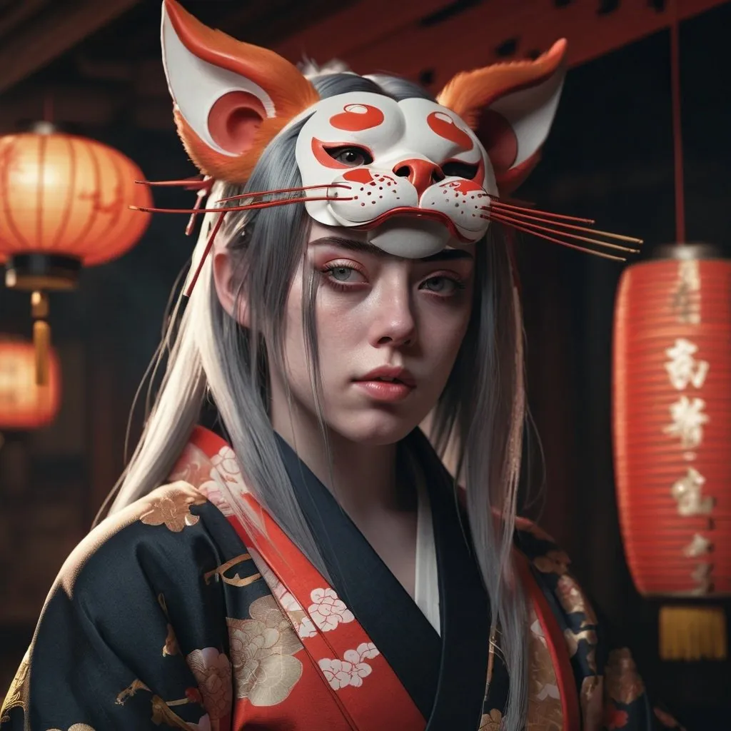 Prompt: a photorealistic dramatic fantasy render of a beautiful woman billie eilish wearing a beautiful intricately detailed japanese monkey kitsune mask and clasical japanese kimono by wlop, artgerm, greg rutkowski, alphonse mucha, epic, beautiful dynamic dramatic dark moody lighting, shadows, cinematic atmosphere, artstation, concept design art, octane render, 8 k