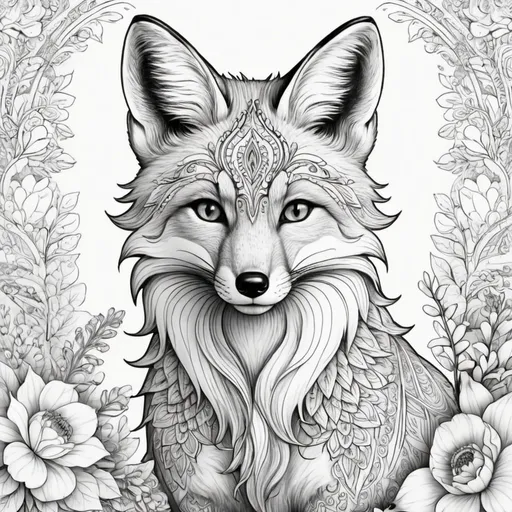 Prompt: beautiful fox, coloring page for adults, photo realistic, clean line art , florals, high detailed, no background, mandala, white, black, coloring book, sketchbook, realistic sketch, free lines, on paper, character sheet, 8k