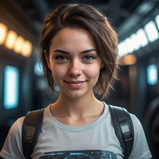 Prompt: Young space woman in t-shirt and jeans, smirking facial expression with one side of her smile upturned, beauriful deep dimpled cheeks, raw photo, photorealistic, high detail, dramatic, UHD, HDR raw photo, realistic, sharp focus, 8K high definition, insanely detailed, intricate, high quality, cyberpunk, dramatic lighting, futuristic setting, urban environment, cool tones