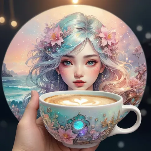 Prompt: insanely detailed gorgeous sparkling pastel coffee cup with one side as pastel blooming nature and other side with pastel ocean, surrounded by glowing illuminated sparkles, Stylized watercolor, iridescent, Fantastical, Intricate, Fantasycore, Scenic, Hyperdetailed, Royo, Bagshaw, Chevrier, Ferri, Kaluta, Minguez, glowing edges, beautiful pastel colors, Mucha, Cina. Cinematic, WLOP