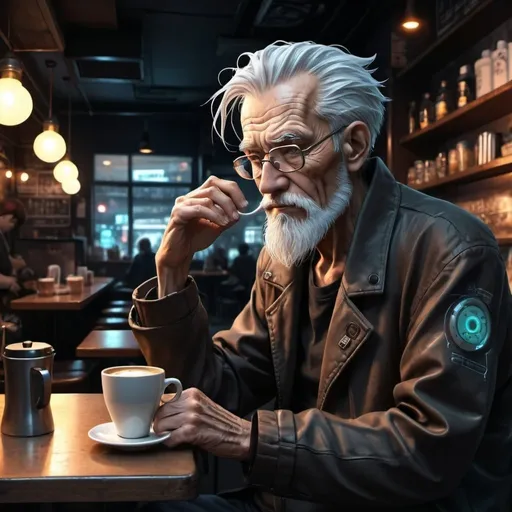 Prompt: Anime cyberpunk style, old man in coffee shop, highly detailed, HD, dark background