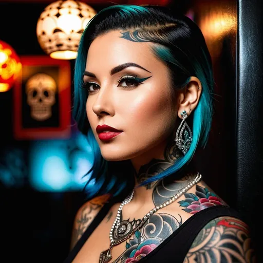 Prompt: A striking portrait of a tattoo artist, showcasing their artistry and creativity in the world of body ink, Inked expressions, Close-up shot focusing on the tattoo artist's face and intricate tattoo designs, Edgy and contrasting lighting reflecting the tattoo parlor environment, Bold and vibrant tones representing the world of tattoo art, Expressive and unconventional mood, Tattoo artist portrait photography, Influenced by the works of Scott Campbell --ar 3:2