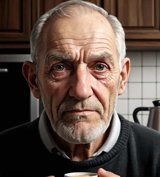 Prompt: photorealistic old man in kitchen holding a cup of coffee