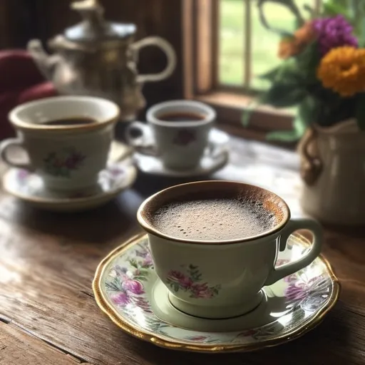 Prompt: beautifully colored coffee cup containing steaming hot coffee medium light. Cup is sitting on an old country kitchen table in a brightly lit country kitcchen with morning light shining in. Photorealistic, country kitchen, beautifully ornate colored coffee cup. beautifully deccorated whole cake sitting in background.






