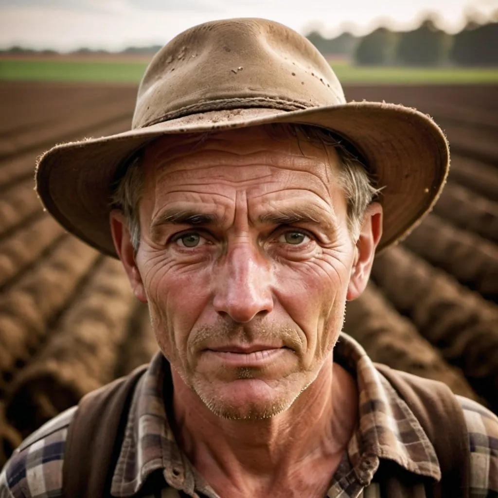 Prompt: A captivating portrait of a farmer, showcasing their connection to the land and their dedication to agriculture, Nurturing the earth, Close-up shot highlighting the farmer's face, adorned with dirt and sweat, Warm and natural lighting reflecting the agricultural environment, Earthy and organic tones representing the world of farming, Honest and hardworking mood, Farmer portrait photography, Inspired by the works of Edward Weston --ar 4:3