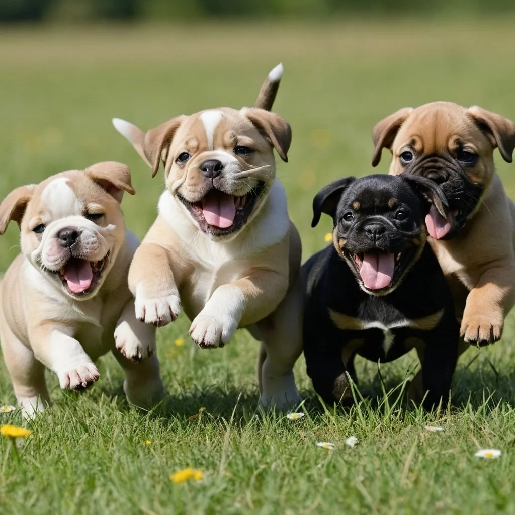 Prompt: Playful Scene of Frolicking Puppies: 20 puppies of many types of breeds such as bulldogs, chow chows, pugs, shepards, Doberman, etc. Capture the pure joy and playfulness of the puppies as they frolic in a meadow. Utilize natural light, fast shutter speed, and burst mode to freeze their adorable antics. Shot with a DSLR camera, using a telephoto lens, f/4, and continuous autofocus. --ar 3:2 --v 5 --q 1