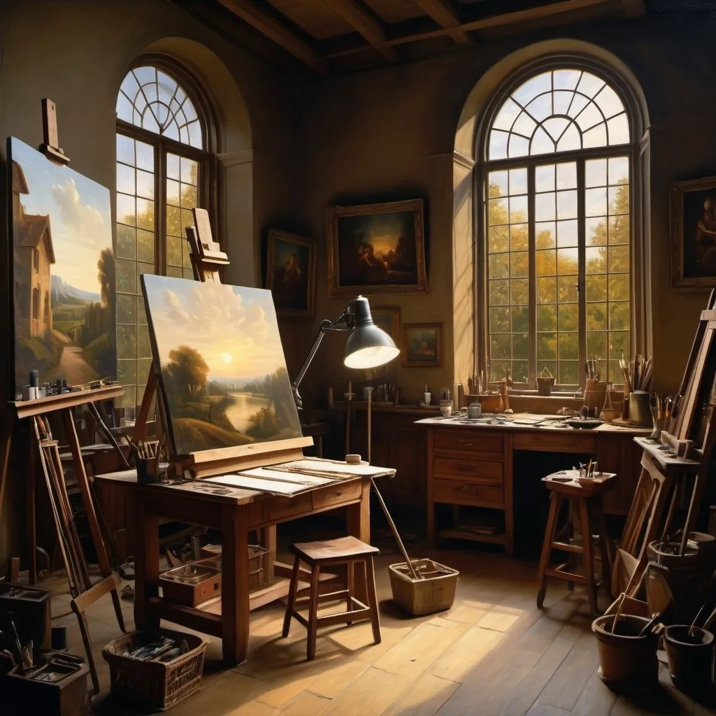 Prompt: (detailed scene of an artist's studio), (oil painting on cotton canvas), towering windows, Leonardo da Vinci painting, subject Stephen Hawking, (soft lighting), warm and inviting ambiance, deep rich colors, intricate artistic tools scattered about, emphasizing wisdom and timelessness, rich textures, HD representation, artistic atmosphere, inspiring creativity, --ar 4:3 --s 150.