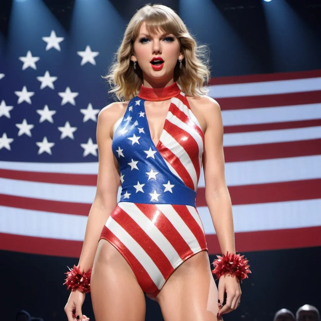 Prompt: Photorealistic image of Taylor Swift on stage wearing an American Flag costume.