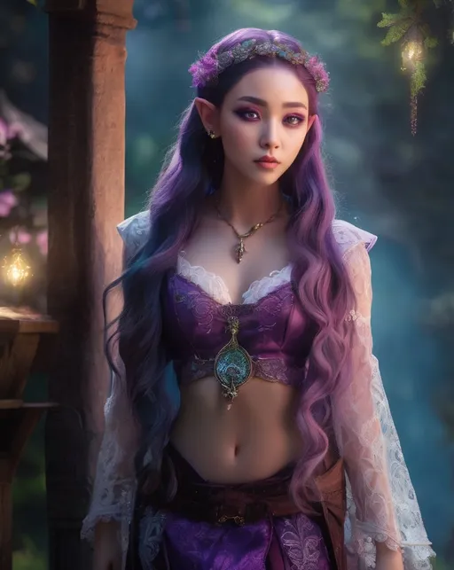 Prompt: Young elf girl with braided purple long hair, asian look, violet eyes, intricate lace top, suspenders, full body shot, fantasy setting, ultra-detailed, fantasy, ethereal, intricate details, vibrant colors, professional, enchanting lighting, long legs, detailed eyes, light skin, sleek design, atmospheric lighting