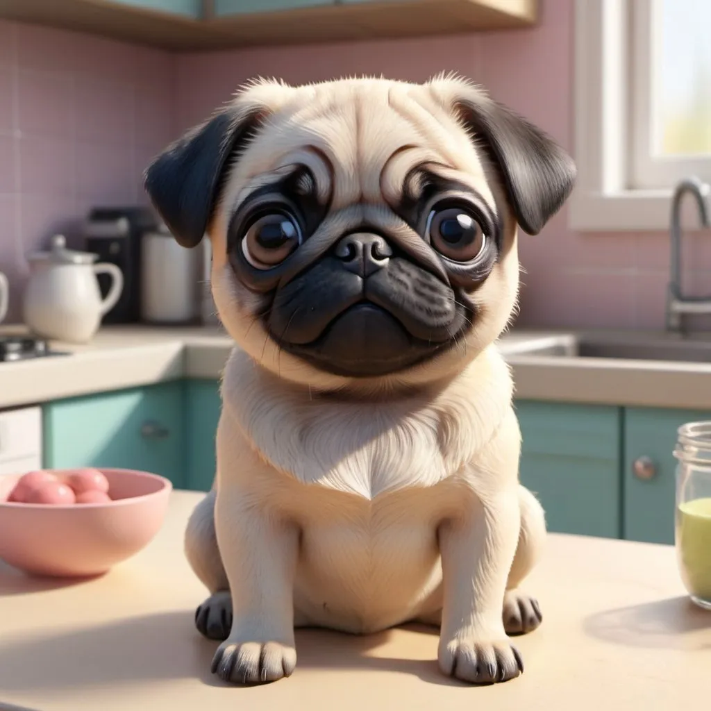 Prompt: tiny cute Pug Puppy on a kitchen table, standing character, soft smooth lighting, soft pastel colors, skottie young, 3d blender render, polycount, modular constructivism, pop surrealism, physically based rendering, square image
