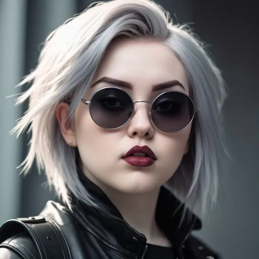 Prompt: realistic high key portrait photo of a beautiful chubby pale goth girl with asymmetrical punk rock hair and badass euro design sunglasses hiding a secret. mole on cheek. half portrait by stanley artgerm, dramatic lighting, by nagel, shin jeongho, nick silva and ilya kuvshinov, deviantart, detailed character design, 8 k resolution