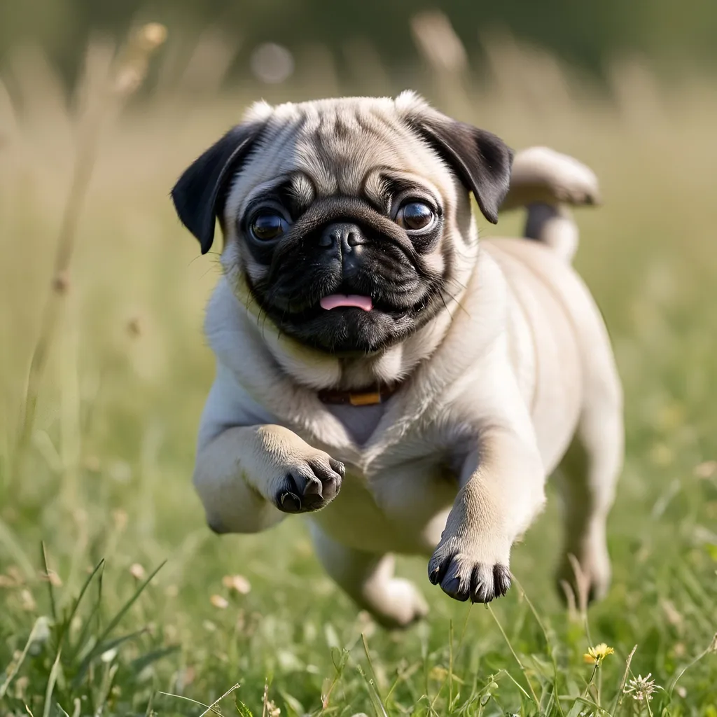 Prompt: Playful Scene of Frolicking Pug Puppy: Capture the pure joy and playfulness of the puppy as itfrolics in a meadow. Utilize natural light, fast shutter speed, and burst mode to freeze its adorable antics. Shot with a DSLR camera, using a telephoto lens, f/4, and continuous autofocus. --ar 3:2 --v 5 --q 1