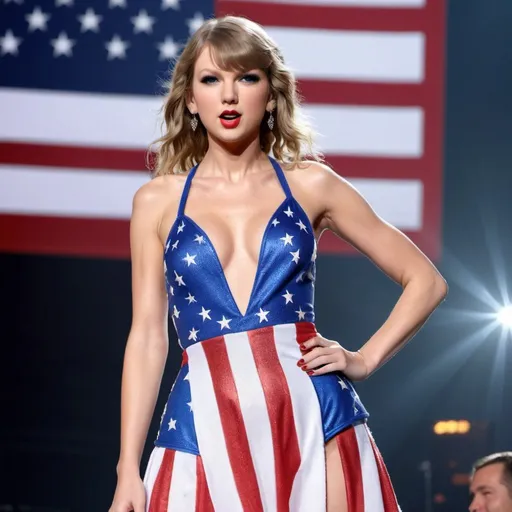 Prompt: Photorealistic image of Taylor Swift on stage wearing an American Flag costume.