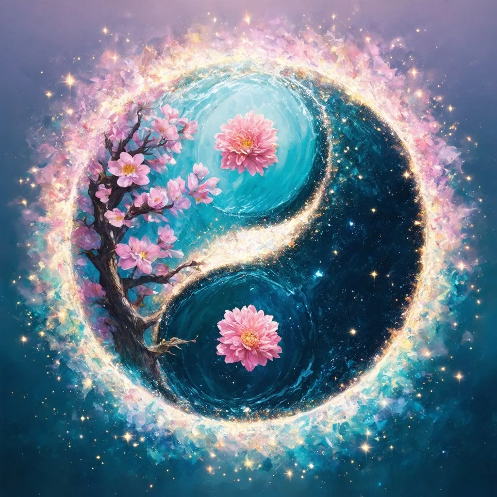 Prompt: insanely detailed gorgeous sparkling pastel yin yang with one side as pastel blooming nature and other side with pastel ocean, surrounded by glowing illuminated sparkles, Stylized watercolor, iridescent, Fantastical, Intricate, Fantasycore, Scenic, Hyperdetailed, Royo, Bagshaw, Chevrier, Ferri, Kaluta, Minguez, glowing edges, beautiful pastel colors, Mucha, Cina. Cinematic, WLOP