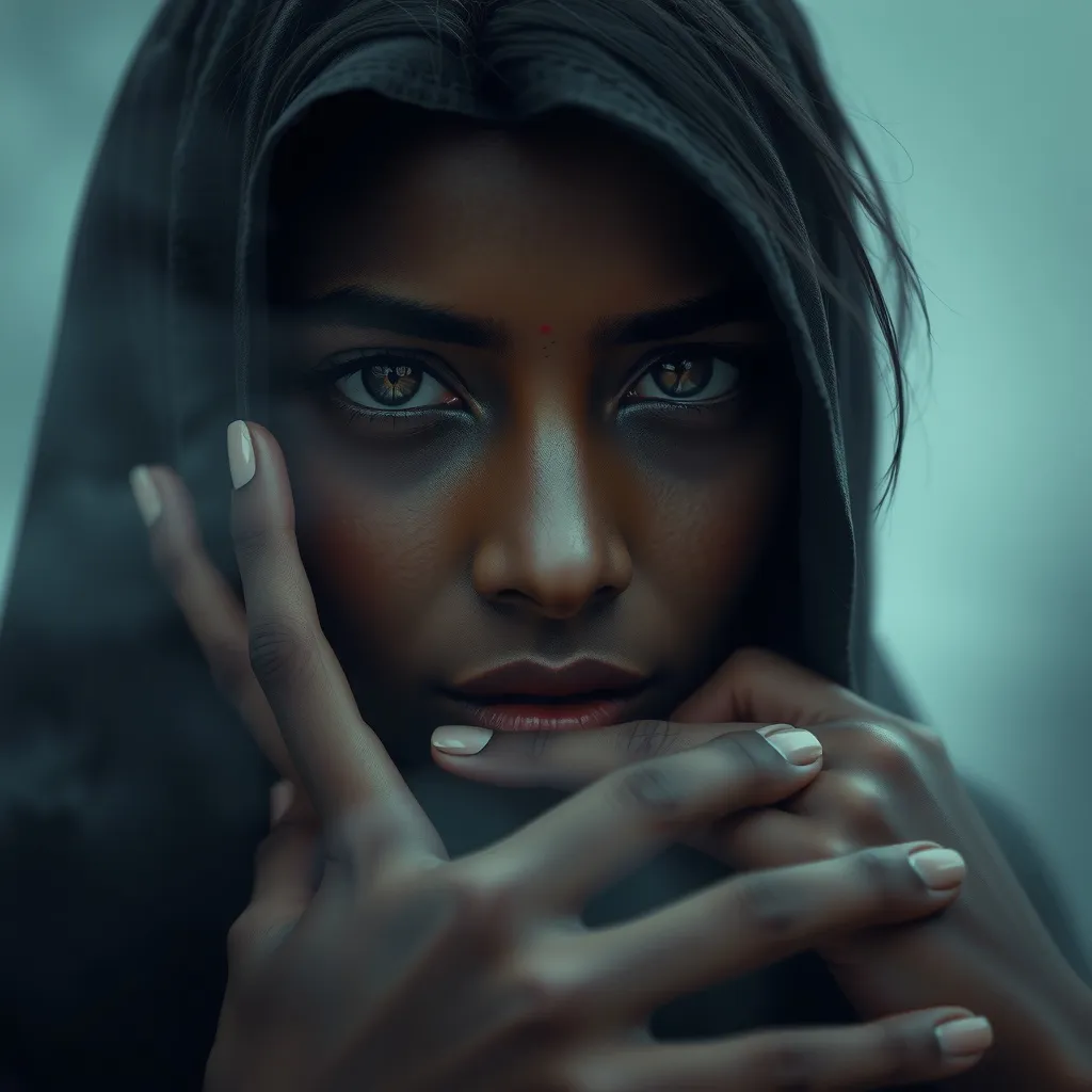 Prompt: photorealistic, (high resolution), East Indian Black haied female model with haunting hazel colored eyes, No Bindi, introspective pose with her face cradled in hands, her gaze is directly into the camera, she is enveloped in a thick fog with nothing else visible, serene and tranquil ambiance, cool muted color tones, subtle light filtering through mist, creating an ethereal atmosphere, fine details on facial features, (ultra-detailed) background scenery of soft silhouettes.