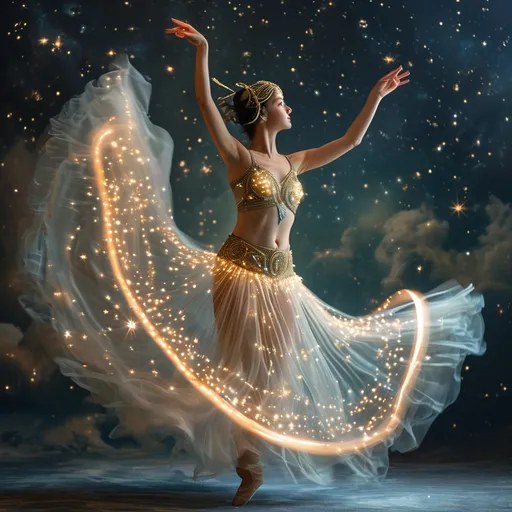 Prompt: Celestial Dancer: Capture the ethereal beauty of a dancer gracefully moving among the stars. Utilize long exposure techniques and creative lighting to emphasize the fluidity of the movements. Shot with a full-frame Canon EOS R6, using a 24-70mm lens at 50mm, f/2.8, and a remote trigger for precise timing.