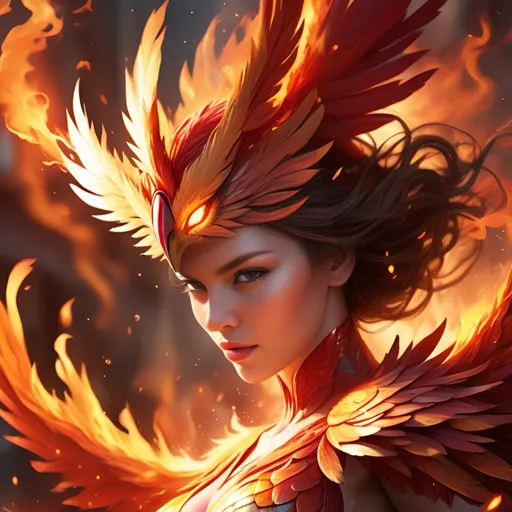 Prompt: Beautiful woman as a fierce phoenix rising from the ashes, resilient flames, close-up, dynamic lighting, vibrant, photorealistic art, 16:9, highres, ultra-detailed, dynamic, fiery colors, intense lighting, digital painting, phoenix, vibrant flames, dramatic composition, detailed feathers, professional photography, dynamic lighting