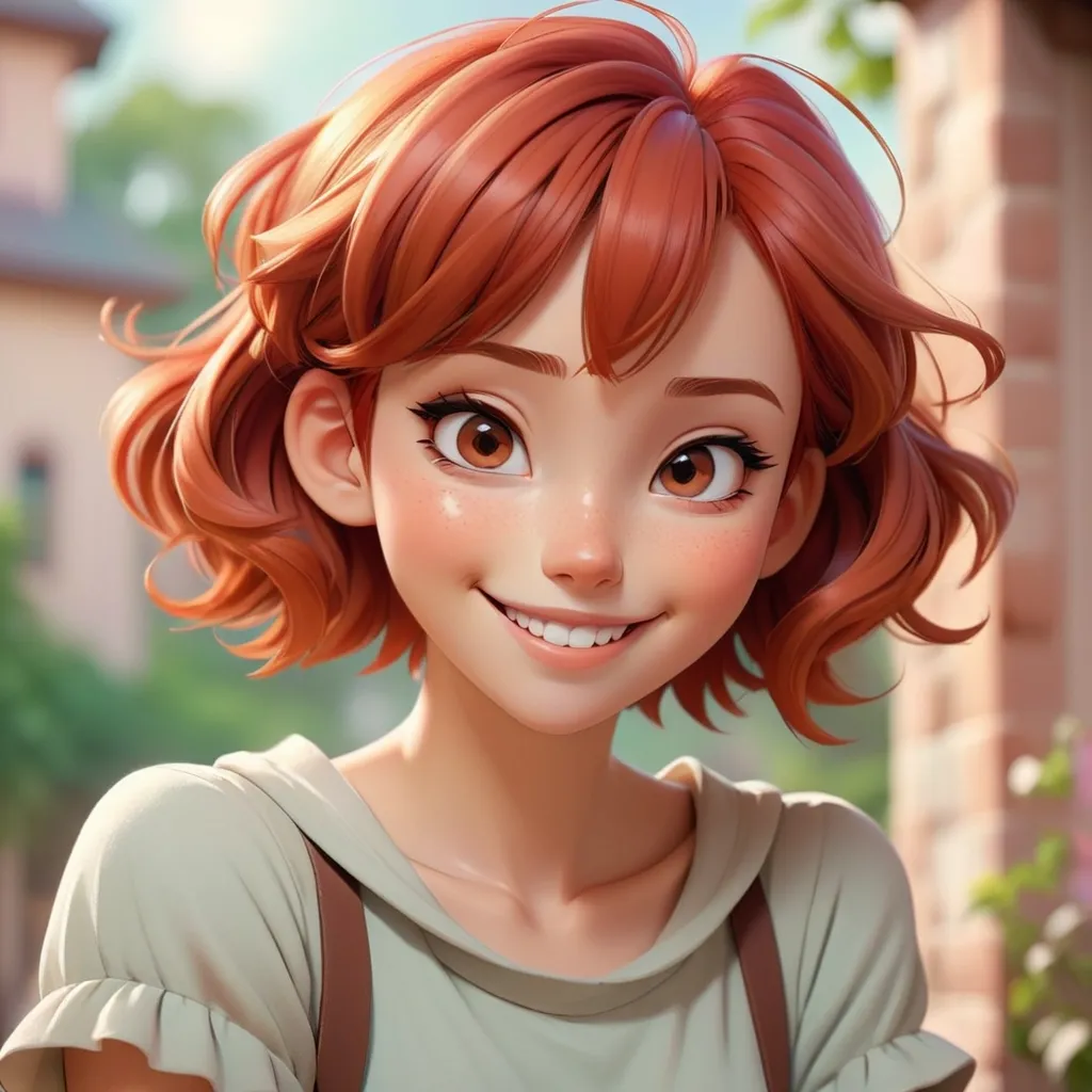 Prompt: Disney-style smiling anime girl with short, beautiful red hair and brown eyes, pastel colors, dreamy atmosphere, detailed facial features, high quality, anime, Disney style, pastel tones, dreamy lighting, detailed eyes, soft and gentle design