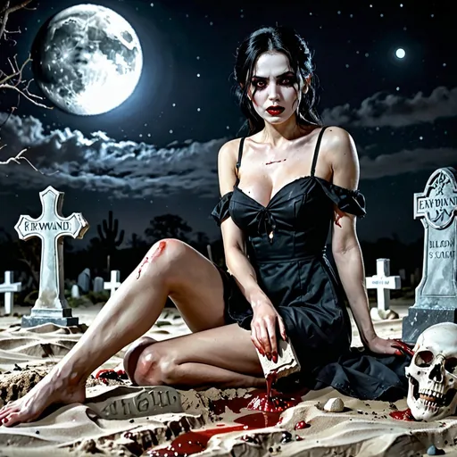Prompt: 4k,high resolution , detailed , oil painting , modeling , dark color , grave yard , tombstones , scary place , gothic woman sits on sand and holds sand in her hand, blood on the woman, pale skin , black hair , mini slit dress reveals legs , black themed , death ,drama, night , dark magic , modeling pose , realistic woman look , moon , focus on legs , barefoot  , portrait  , skull , expressionism , 