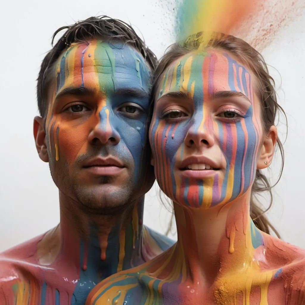Prompt: Man and woman with multi-colored faces stand next to each other, the colors run vertically across the face in narrow stripes, dripping and running drops of color over the entire face and upper body, full-body portrait from above, they run, behind them the colors dissolve into small colored clouds of dust , between the color stripes there are white color stripes,