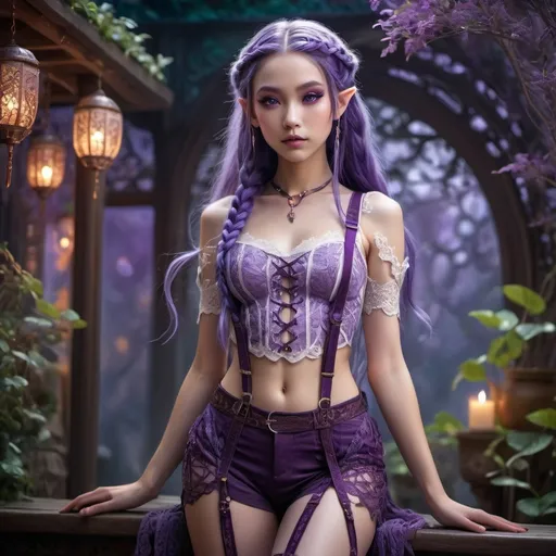 Prompt: Young elf girl with braided purple long hair, asian look, violet eyes, intricate lace top, suspenders, full body shot, fantasy setting, ultra-detailed, fantasy, ethereal, intricate details, vibrant colors, professional, enchanting lighting, long legs, detailed eyes, light skin, sleek design, atmospheric lighting