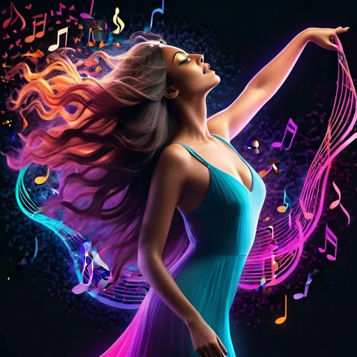 Prompt: 3D render of a woman with long flowing hair made of cascading musical notes, each note releasing a burst of vibrant color. Around her, ethereal particles of neon hues move, capturing the essence of a musical symphony in a visual spectacle.