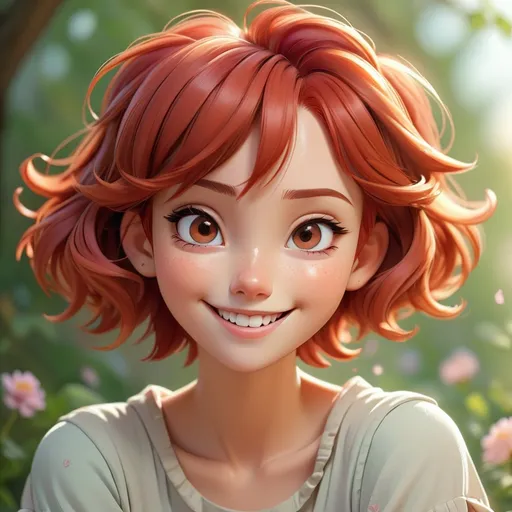 Prompt: Disney-style smiling anime girl with short, beautiful red hair and brown eyes, pastel colors, dreamy atmosphere, detailed facial features, high quality, anime, Disney style, pastel tones, dreamy lighting, detailed eyes, soft and gentle design