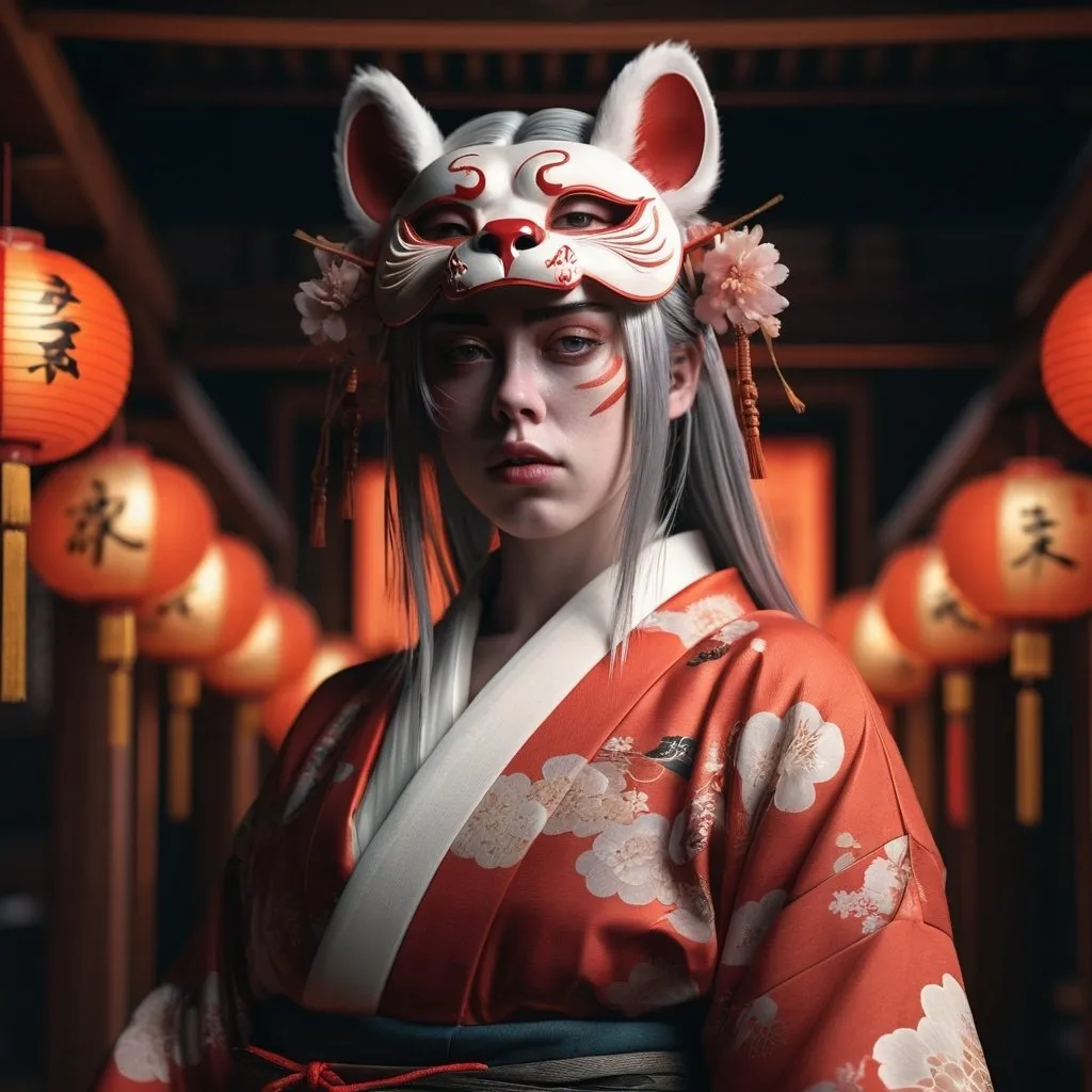 Prompt: a photorealistic dramatic fantasy render of a beautiful woman billie eilish wearing a beautiful intricately detailed japanese monkey kitsune mask and clasical japanese kimono by wlop, artgerm, greg rutkowski, alphonse mucha, epic, beautiful dynamic dramatic dark moody lighting, shadows, cinematic atmosphere, artstation, concept design art, octane render, 8 k