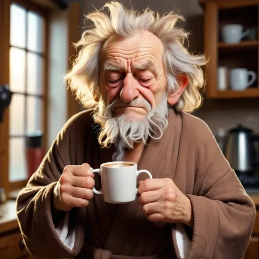 Prompt: Funny sleepy old man holding his first mug of morning coffee.  House robe, messy hair, coffee steaming. 