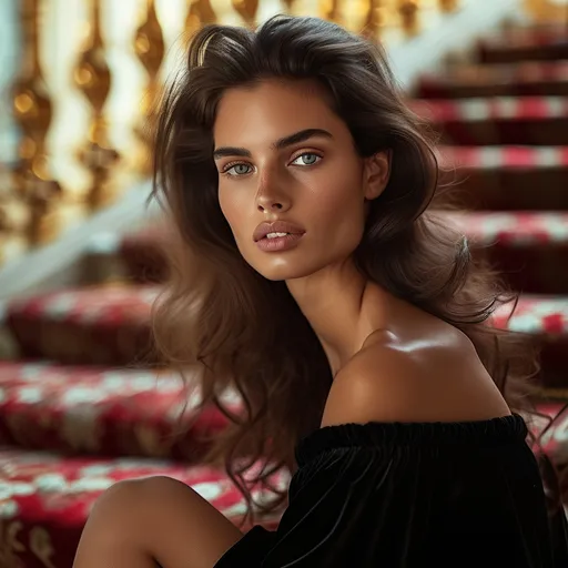 Prompt: Personal portrait of stunningly beautiful fashion model, SFW, velvet couch, grand staircase in blurred backdrop, dreamlike lighting, professional photography, elegant pose, high contrast, bokeh effect, fine art, high-end luxury, Hasselblad camera, 100mm lens, F 1.2 aperture, dreamy atmosphere, glamorous, detailed features, best quality, highres, professional lighting