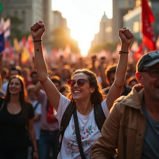 Prompt: photorealistic, high resolution photo of prorestors in the streets, (fists raised in victory), expressions of joy and triumph, diverse group, vibrant colors, dynamic atmosphere, warm sunlight casting beautiful shadows, capturing the moment of civic engagement and exuberance, ultra-detailed surroundings, ensuring an authentic representation of the 1st Amendment experience.