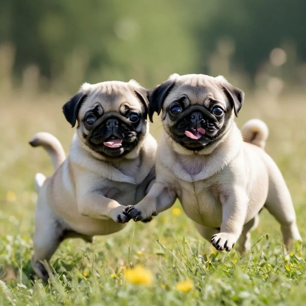 Prompt: Playful Scene of Frolicking Pug Puppies: Capture the pure joy and playfulness of the puppies as they frolic in a meadow. Utilize natural light, fast shutter speed, and burst mode to freeze their adorable antics. Shot with a DSLR camera, using a telephoto lens, f/4, and continuous autofocus. --ar 3:2 --v 5 --q 1