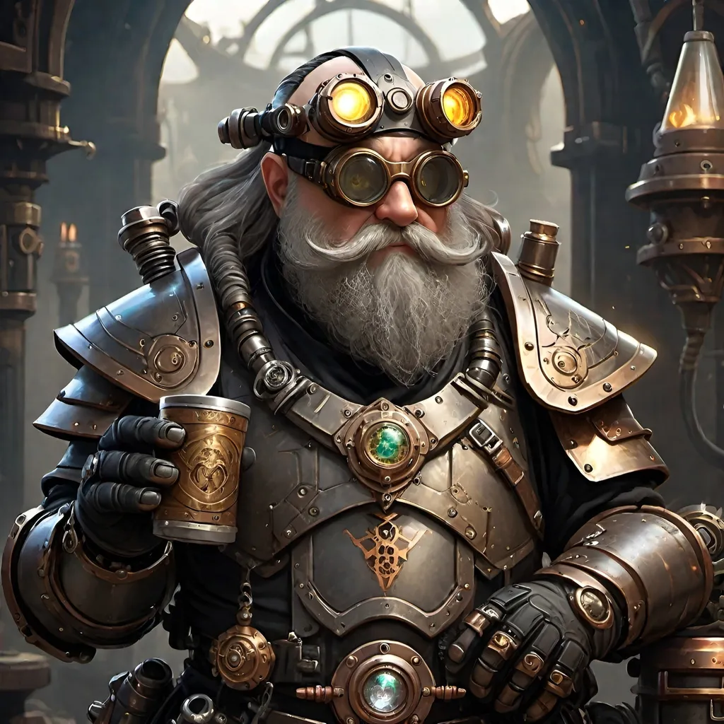 Prompt: Dwarf holding ONE fancy cup of TEA, dredded in advanced steampunk exoskeleton-mech dnd armor with shiny onyx gems embodied in various places, dnd character, steampunk setting, dramatic lighting, black and copper color pallette, hi-tech gadgets, exoskeleton like armor with runes engraved in an unknown dragon language, shaded welding goggles, bald, face dirty from oil and dust, long, luscious beard