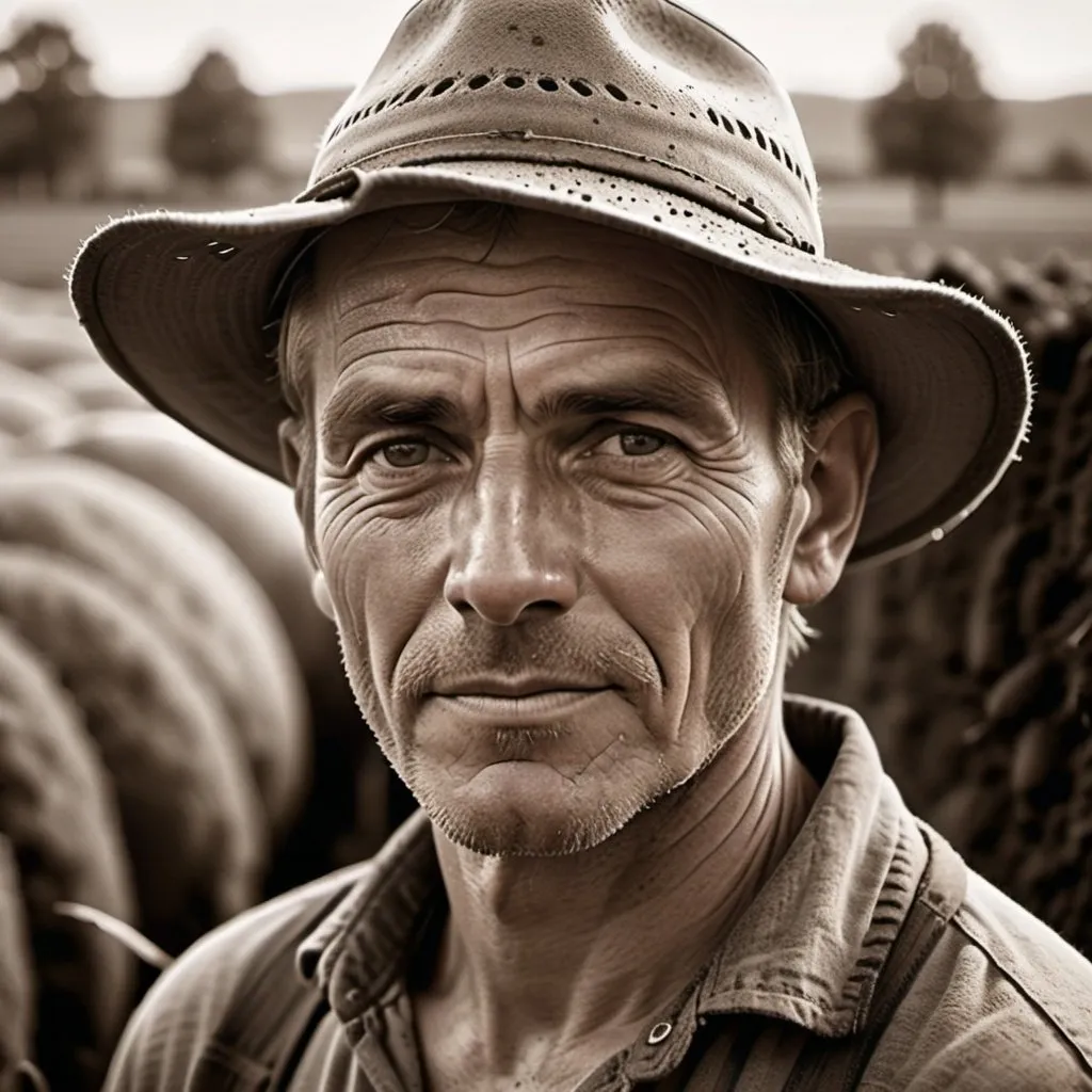 Prompt: A captivating portrait of a farmer, showcasing their connection to the land and their dedication to agriculture, Nurturing the earth, Close-up shot highlighting the farmer's face, adorned with dirt and sweat, Warm and natural lighting reflecting the agricultural environment, Earthy and organic tones representing the world of farming, Honest and hardworking mood, Farmer portrait photography, Inspired by the works of Edward Weston --ar 4:3