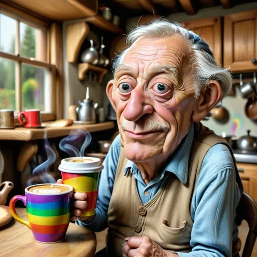 Prompt: Old man in a country kitchen setting holding a brightly colored rainbow cup containing steaming coffee