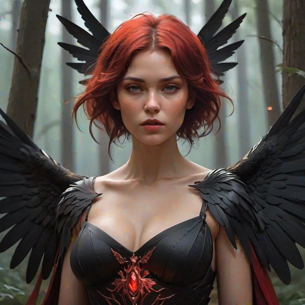 Prompt: a beautiful cinematic female seraphim, deep cleavage, black wings slightly burnt, fantasy forest landscape, fantasy magic, undercut hairstyle, short red black fade hair, dark light night, intricate, elegant, sharp focus, illustration, highly detailed, digital painting, concept art, matte, art by WLOP and Artgerm and Greg Rutkowski and Alphonse Mucha, masterpiece