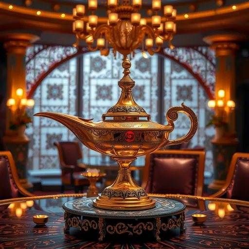 Prompt: (shiny gold Aladin's Lamp), elegant, modern table, intricate details, warm ambient lighting, captivating atmosphere, rich textures, luxurious, inviting ambiance, high-quality visual, ultra-detailed, harmonious blend of classic and contemporary design, showcasing enchantment and allure, creating an atmosphere of magic and wonder.