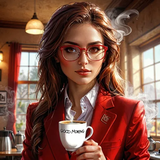 Prompt: Anne Stokes-inspired digital art of a girl in a vibrant red suit and glasses, holding a steaming cup of coffee with 'Good Morning' written on it, stylish and professional attire, detailed facial features and expressive eyes, computer-generated art, morning light casting warm tones, high-res, detailed, professional, coffee, red suit, glasses, Anne Stokes-inspired, morning, digital art, warm tones, stylish, detailed eyes, detailed hair, professional attire, warm lighting