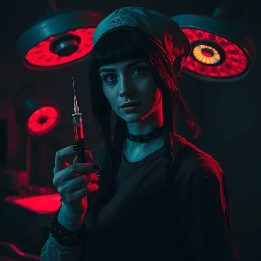 Prompt: (Goth nurse), operating room, holding syringe, (bloody), (smirking), dark atmosphere, striking contrast of deep reds and blacks, eerie lighting, surgical equipment in the background, sinister ambience, tension-filled essence, vivid details, realistic textures, ultra-detailed, captivating composition.