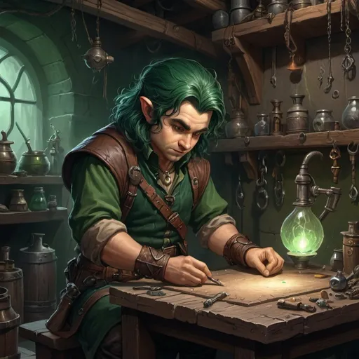 Prompt: Fantasy illustration of a male halfling artificer in a workshop, dark green hair, tinkerer, high quality, detailed, fantasy, dungeons and dragons, halfling, artificer, workshop, dark green hair, tinkerer, detailed, mystyle, atmospheric lighting, intricate details, fantasy art