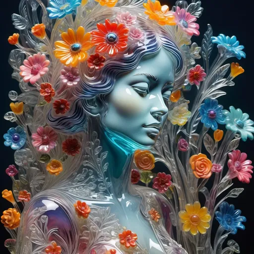 Prompt: A detailed and vibrant transparent glass sculpture of a woman with flowers, intricate details, surreal, colorful background